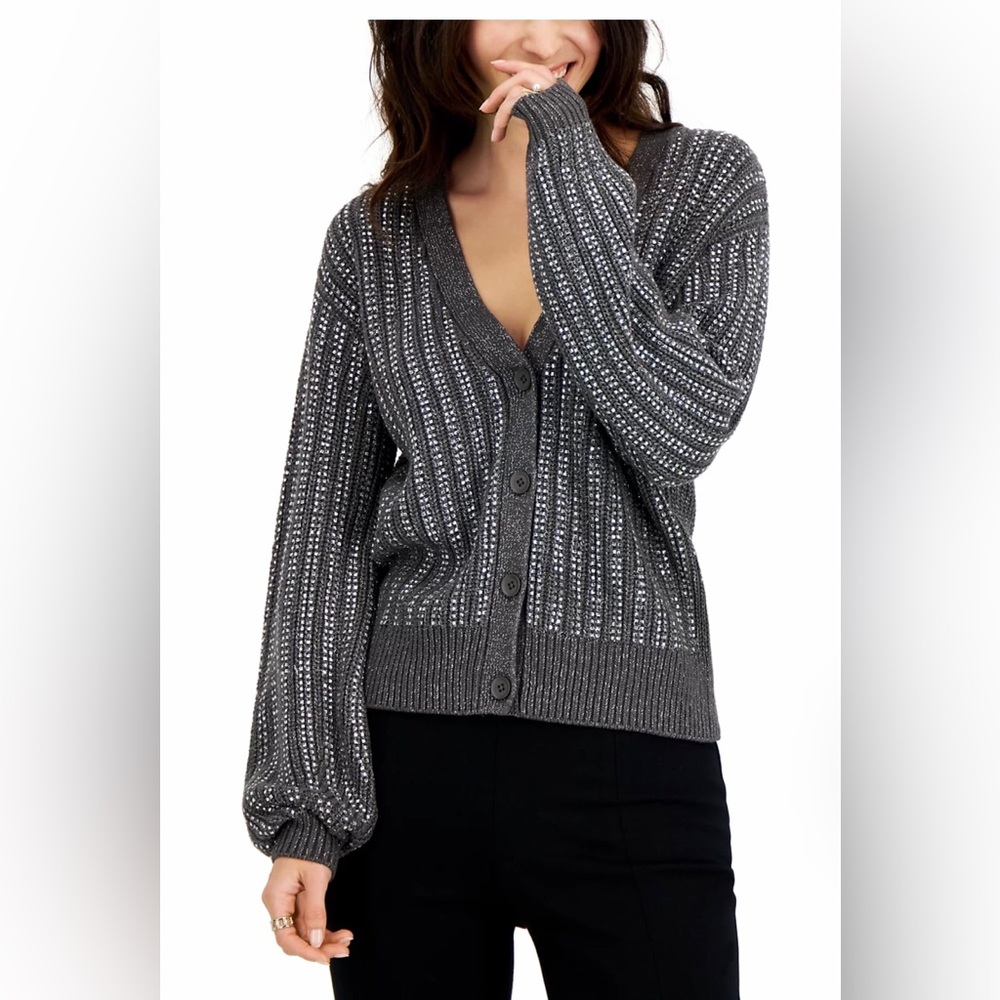 INC Concepts Women's Gray Rhinestone V-Neck Button Cardigan Sweater Size Large